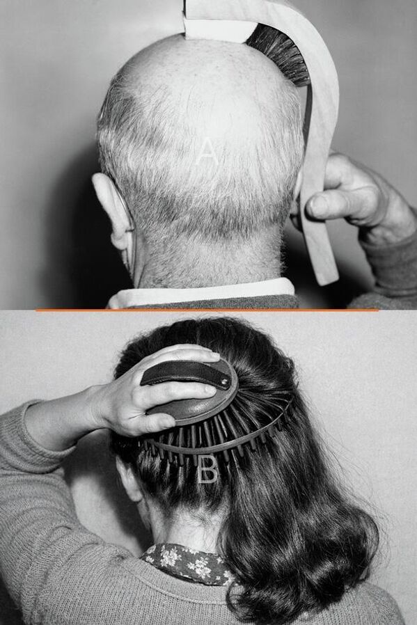 اختبار الذكاء الاصطناعي "فرش الشعر"، في الأعلى يظهر رجل يدلك فروة الرأس والشعر بواسطة فرشاة، وفي  الأسفل تظهر فتاة تمشط شعرها بمشط ذي أسنان طويلة. - سبوتنيك عربي