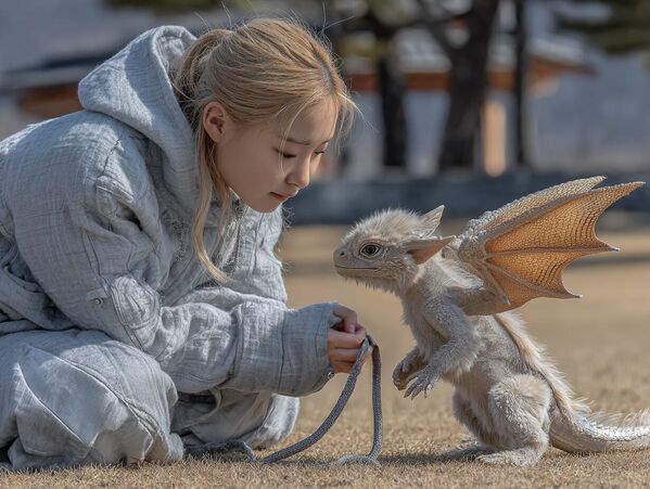 التنين المصغر هو الحيوان الأليف الأمثل لعام 2100،  يتعلم الأوامر كالكلب، ويحب ألعاب الليزر، ويظهر في الصورة واثبا أمام فتاة صغيرة تتودد إليه، بينما يبدو وكأنه ينصت لها.  - سبوتنيك عربي