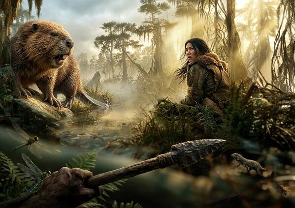 حيوان القندس العملاق الذي انقرض قبل نحو 10000 عاما، يستعد للانقضاض على فتاة خائفة موجودة داخل غابة. - سبوتنيك عربي