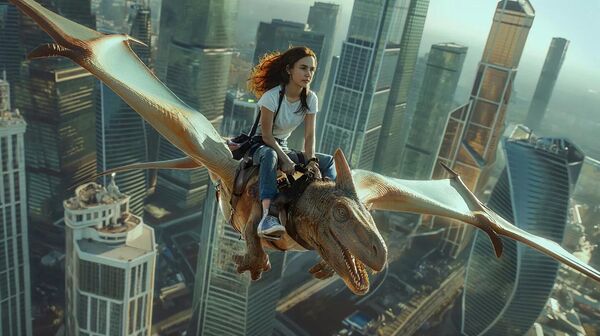  صورة خيالية تظهر فتاة تحلق على ظهر طائر "بتيروداكتيل" أليف، مستخدمة السحلية الطائرة كـ"حصان مجنح" جديد. - سبوتنيك عربي