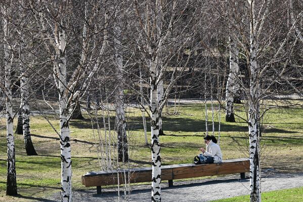 فتاة تجلس على مقعد خشبي في حديقة زاريادي التي بدأت تكتسي حلّتها الخضراء مع حلول فصل الربيع. - سبوتنيك عربي