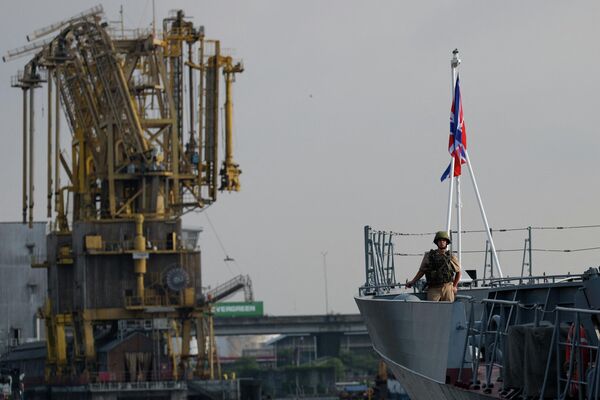 يقف أحد أفراد البحرية الروسية حارسًا على الفرقاطة "آر إف إس غرومكي-335" التابعة لأسطول المحيط الهادئ الروسي، الراسية في ميناء تانجونغ بريوك شمالي جاكرتا، إندونيسيا. - سبوتنيك عربي