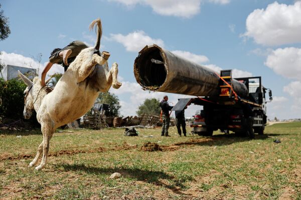 طفل بدوي يمتطي حمارا، بينما يقوم عمال بتحميل جزء من صاروخ سقط على سيارة شرطة جنوبي إسرائيل، وسط الحرب الأمريكية الإسرائيلية على إيران. - سبوتنيك عربي