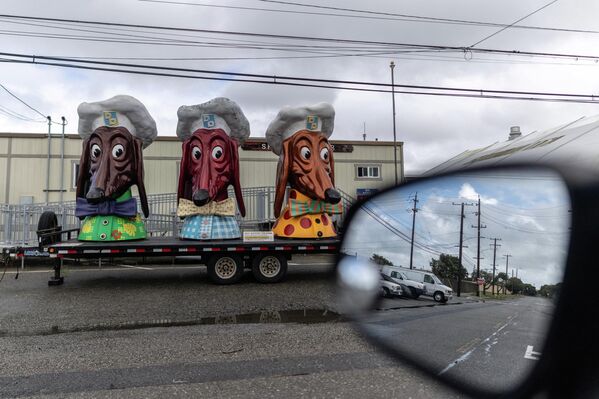 ثلاثة رؤوس من سلسلة مطاعم "دوجي داينر"، وهي تماثيل أيقونية من الألياف الزجاجية، يبلغ طولها 7 أقدام ووزنها 300 رطل، صممها هارولد باخمان عام 1966 لمطاعم منطقة خليج سان فرانسيسكو، موضوعة على مقطورة متوقفة في جزيرة تريجر في خليج سان فرانسيسكو، كاليفورنيا، الولايات المتحدة. - سبوتنيك عربي