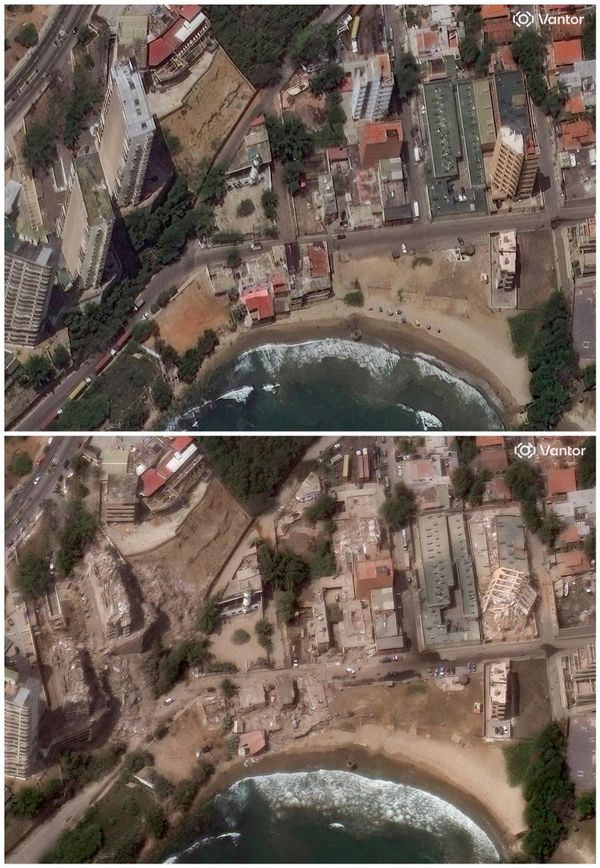 مجموعة من صور الأقمار الصناعية تُظهر بعض الدمار في المباني بعد الزلزال، في بلايا بويرتو فييخو، في لا غوايرا، فنزويلا - سبوتنيك عربي