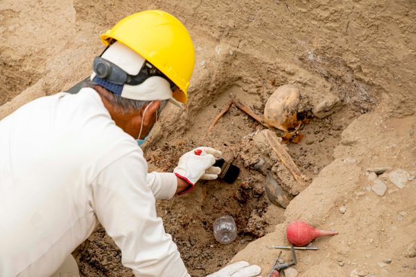 عالم آثار بيروفي ينظف بقايا رفات في موقع منصة جنائزية، 8 سبتمبر/أيلول 2026.   - سبوتنيك عربي