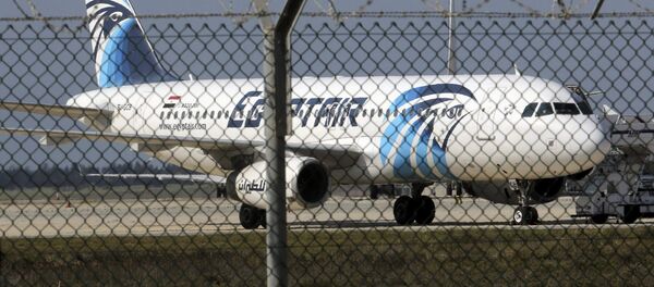A hijacked Egyptair Airbus A320 airbus stands on the runway at Larnaca Airport in Larnaca, Cyprus , March 29, 2016 - سبوتنيك عربي