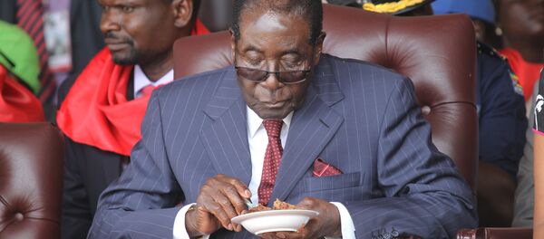 رئيس الزيمبابوي روبيرت موغابي يأكل قطعة الكيك خلال الاحتفال بعيد ميلاده الـ 92، عام 2016 رئيس الزيمبابوي روبيرت موغابي يأكل قطعة الكيك خلال الاحتفال بعيد ميلاده الـ 92، عام 2016 - سبوتنيك عربي