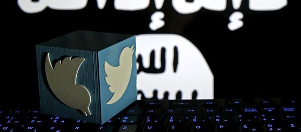يظهر على الصورة شعار تويتر وفي الخلفية علم منظمة داعش الإرهابية - سبوتنيك عربي