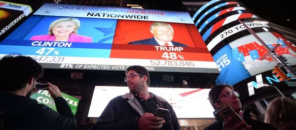 أشخاص يقفون على خلفية شاشة تظهر النتائج الأولية للتصويت في الانتخابات الرئاسية الأمريكية في ساحة تايمس سكوير، نيويورك 8 نوفمبر/ تشرين الثاني 2016 - سبوتنيك عربي