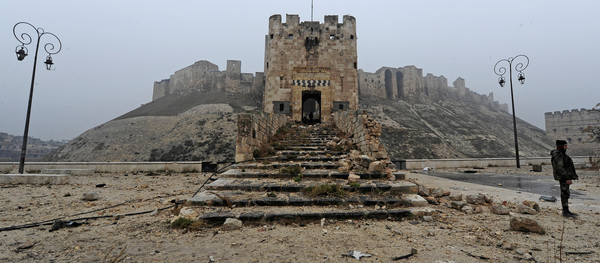 جندي من قوات الجيس السوري يقف على خلفية قلعة حلب، 13 ديسمبر/ كانون الأول 2016 - سبوتنيك عربي