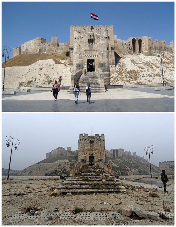 قلعة حلب في 9 أغسطس/ آب 2010 أعلى الصور، وفي الأسفل جندي من قوات الجيش السوري يقف على خلفية قلعة حلب، 13 ديسمبر/ كانون الأول 2016 - سبوتنيك عربي