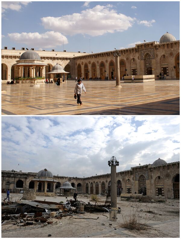 المسجد الأموي بحلب  - الصورة في الأعلى في 6 أكتوبر/ تشرين الأول عام 2010، وفي الأسفل  17 ديسمبر/ كانون الأول 2016 - سبوتنيك عربي