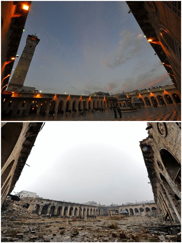 المسجد الأموي بحلب  - الصورة في الأعلى في 12 مارس/ آذار عام 2009، وفي الأسفل  13 ديسمبر/ كانون الأول 2016 - سبوتنيك عربي