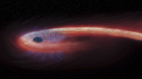 رسم توضيحي لفنان لثقب أسود موجود في كوكبة العذراء، والتي تستوعب كمية قياسية لمواد فضائية، 6 فبراير/ شباط 2017. - سبوتنيك عربي