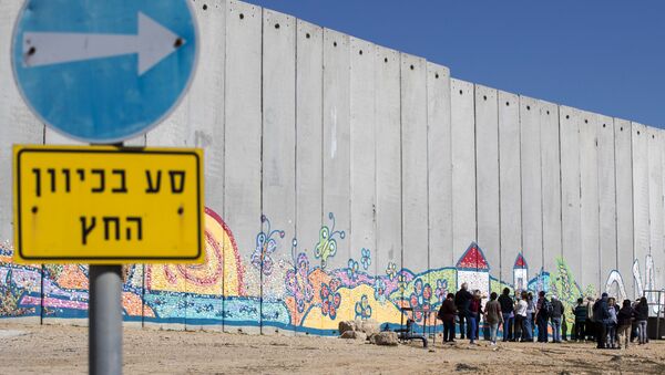 سياح إسرائيليون يلتقطون صوراً على خلفية الجدار الفاصل (عليه رسم الغرافيتي) على الحدود بين إسرائيل وقطاع غزة، 7 فبراير/ شباط 2017 - سبوتنيك عربي