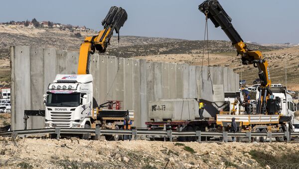 عمال يشيدون جزءاً جديداً من الجدار الفاصل على طول كيبوتس كراميم بمدينة الخليل في جنوب الضفة الغربية، 7 فبراير/ شباط 2017 - سبوتنيك عربي
