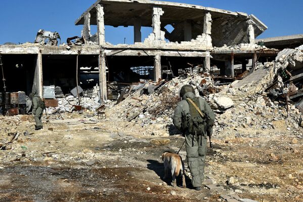 خبراء إزالة الألغام من المركز الدولي لإزالة الألغام التابع للقوات المسلحة الروسية في الأحياء السكنية في حلب في سوريا - سبوتنيك عربي