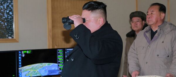 زعيم كوريا الشمالية يتابع عن قرب عملية اختبار لإطلاق صاروخ Pukguksong-2، بيونغيلنغ، كوريا الشمالية 13 فبراير/ شباط 2017 - سبوتنيك عربي
