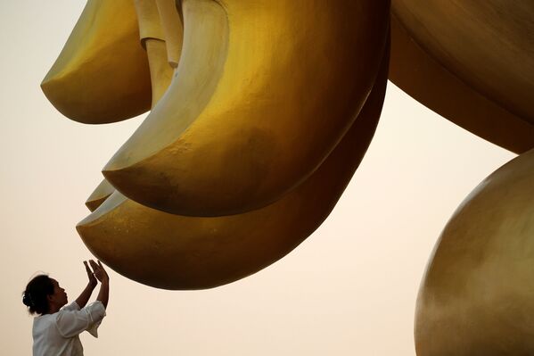 امرأة تصلي بينما تلمس أصتبع تمثال بوذا خلال المناسبة السنوية Makha Bucha Day تايلاندا 11 فبراير/ شباط 2017 - سبوتنيك عربي