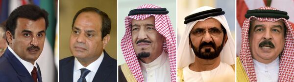 أمير قطر الشيخ تميم بن حمد آل ثاني، الرئيس المصري عيدالفتاح السيسي، وملك السعودية سلمان، وحاكم إمارة دبي في الإمارات محمد بن راشد آل مكتوم  - سبوتنيك عربي