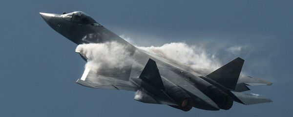 طائرة تي-50 القاذفة ميغ-35 متعددة المهام خلال عرض جوي في إطار المعرض الجوي-الفضائي ماكس-2015 في جوكوفسكي طائرة تي-50 القاذفة ميغ-35 متعددة المهام خلال عرض جوي في إطار المعرض الجوي-الفضائي ماكس-2015 في جوكوفسكي - سبوتنيك عربي