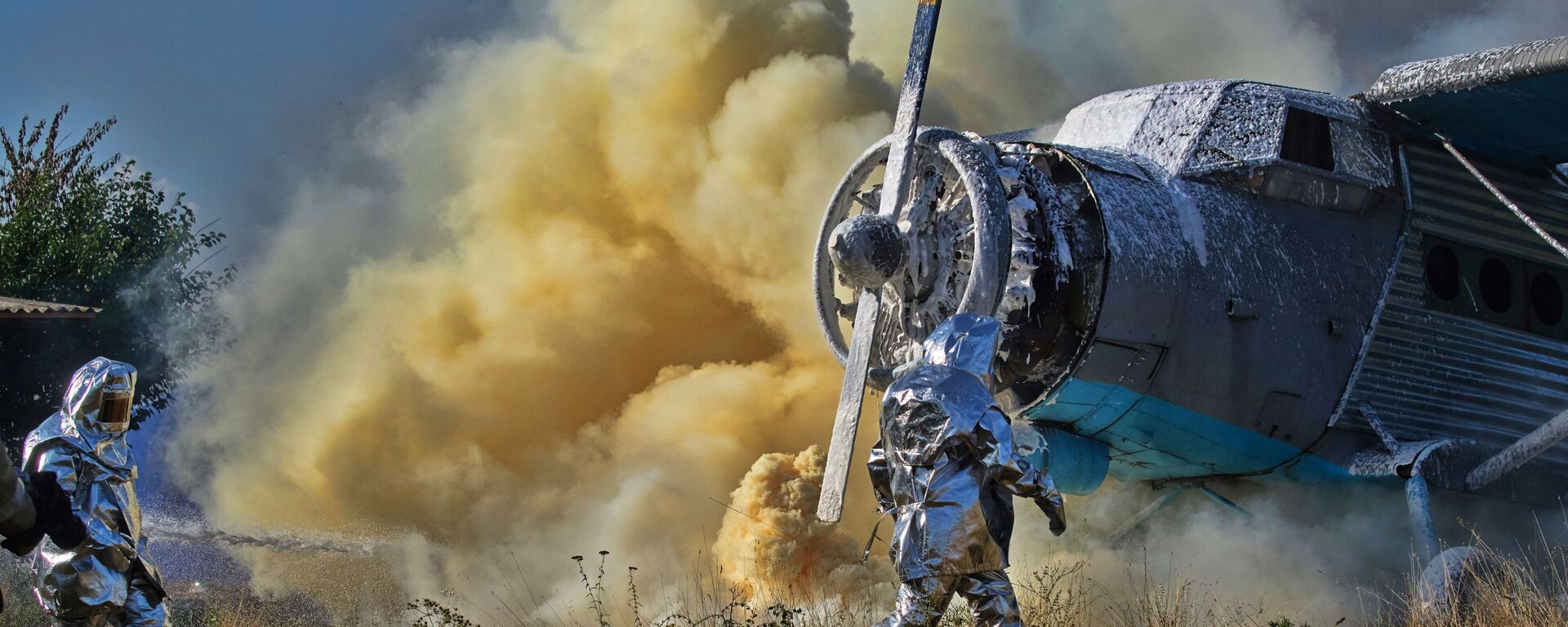 عناصر الطوارئ الروسية خلال التدريبات، القضاء على العواقب الكارثية إثر سقوط الطائرات في سيفاستوبول، روسيا - سبوتنيك عربي, 1920, 30.08.2023