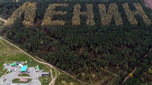 طائرة بدون طيار تلتقط صورة لاسم لينين على أشجار في غابة بالقرب من مقاطعة إيفانوفو، بيلاروسيا 10 أكتوبر/ تشرين الأول 2017. وذلك بمناسبة الذكرى الـ 100 لمولد مؤسس الاتحاد السوفيتي فلاديمير لينين - سبوتنيك عربي