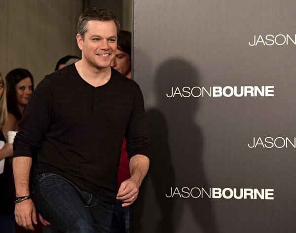 US actor Matt Damon arrives to receive a football and jersey from Club Atletico de Madrid during a promotional event for - سبوتنيك عربي