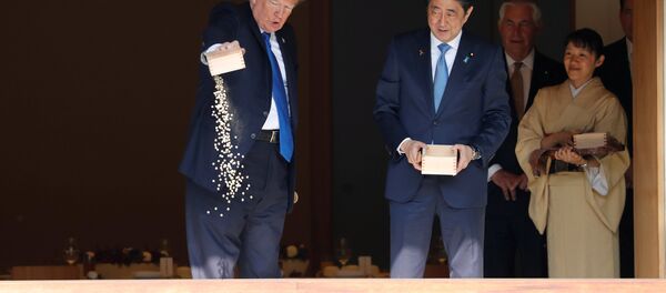 ترامب وهو يطعم الأسماك في قصر الإمبراطور الياباني - سبوتنيك عربي