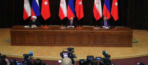 الرئيس فلاديمير بوتين خلال لقاء الرئيس التركي رجب طيب أردوغان والرئيس الإيراني حسن روحاني في سوتشي، 22 نوفمبر/ تشرين الثاني 2017 - سبوتنيك عربي