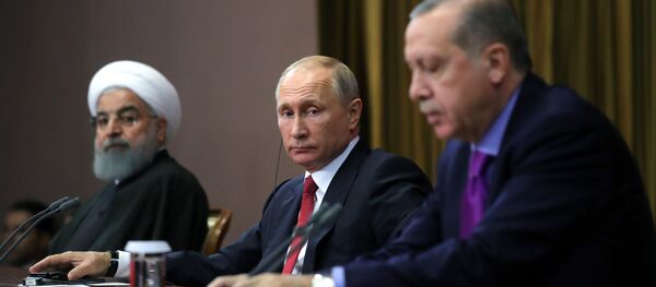 الرئيس فلاديمير بوتين خلال لقاء الرئيس التركي رجب طيب أردوغان والرئيس الإيراني حسن روحاني في سوتشي، 22 نوفمبر/ تشرين الثاني 2017 - سبوتنيك عربي