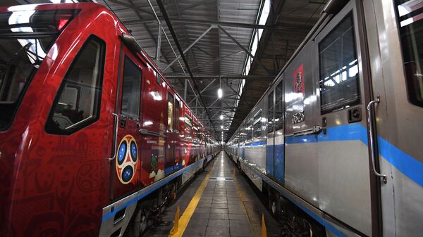 عرض قطار مترو أنفاق بملصقات إعلانية لكأس العالم لكرة القدم 2018 في موسكو، روسيا 28 نوفمبر/ تشرين الثاني 2017 - سبوتنيك عربي