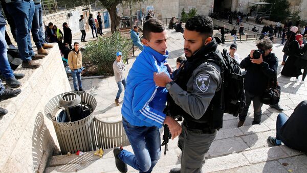 اشتباك بين الفلسطينيين والشرطة الإسرائيلية عند باب دمشق في القدس 7 ديسمبر/ كانون الأول 2017 - سبوتنيك عربي