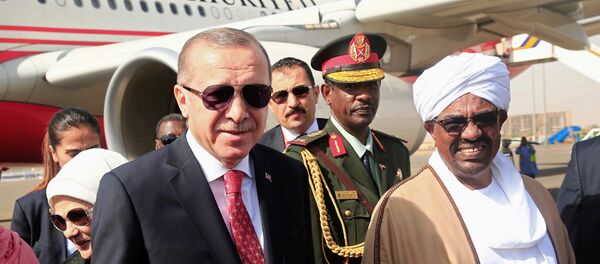 الرئيس التركي رجب طيب أردوغان خلال وصوله إلى الخرطوم للقاء الرئيس السوداني عمر البشير الرئيس التركي رجب طيب أردوغان خلال وصوله إلى الخرطوم للقاء الرئيس السوداني عمر البشير - سبوتنيك عربي