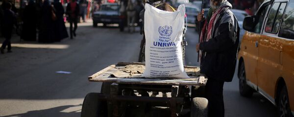 رجل فلسطيني بالقرب من عربة تحمل كيس طحين وزعته الأونروا في مخيم خان يونس للاجئين في جنوب قطاع غزة - سبوتنيك عربي