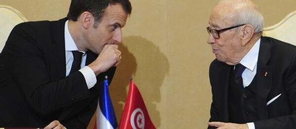 زيارة الرئيس الفرنسي إيمانويل ماكرون إلى تونس، زيارته للسفارة الفرنسية فرنسا في تونس، الرئيس الفرنسي مع الرئيس التونسي الباجي قائد السبسي، 31 يناير/ كانون الثاني 2018 - سبوتنيك عربي