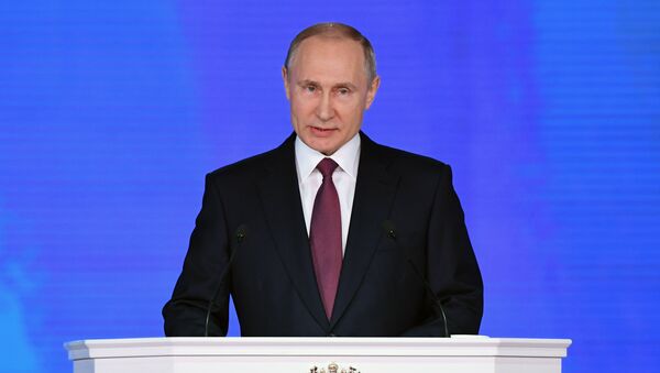 الرئيس فلاديمير بوتين، في 1 مارس/ آذار، يوجه رسالته السنوية إلى الجمعية الفدرالية، في قاعة (مانيج) - سبوتنيك عربي