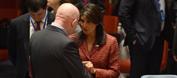 مندوب ورسيا الدائم إلى الأمم المتحدة فاسيلي نيبينزيا ومندوبة الولايات المتحدة نيكي هايلي - سبوتنيك عربي