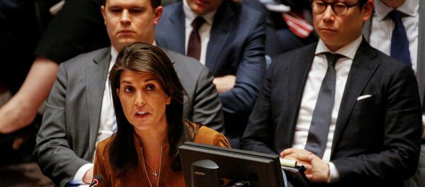 الممثلة الدائمة للولايات المتحدة لدى الأمم المتحدة نيكي هايلي في مجلس الأمن، نيويورك، الولايات المتحدة 9  أبريل/ نيسان 2018 - سبوتنيك عربي