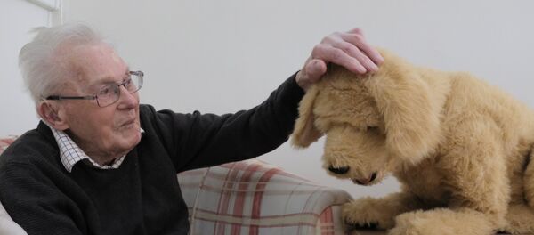 رون جرانثام يتفاعل مع الكلب الآلي بيسكيت في دار رعاية تيمبلتون هاوس - سبوتنيك عربي