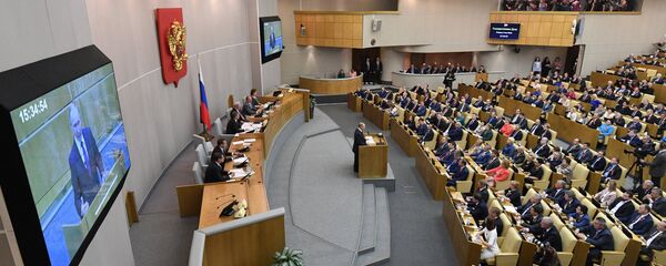 الرئيس الروسي فلاديمير بوتين خلال جلسة مجلس الدوما - سبوتنيك عربي