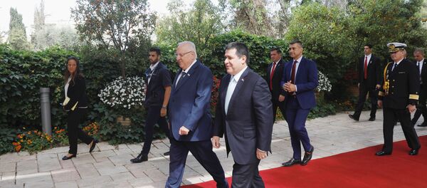 رئيس باراغواي هوراشيو كارتيس يسير بجوار الرئيس الإسرائيلي روفين ريفلين لدى وصوله لعقد اجتماع في مقر إقامته في القدس، قبيل مراسم تكريس سفارة باراغواي في القدس، 21 مايو/أيار 2018 - سبوتنيك عربي