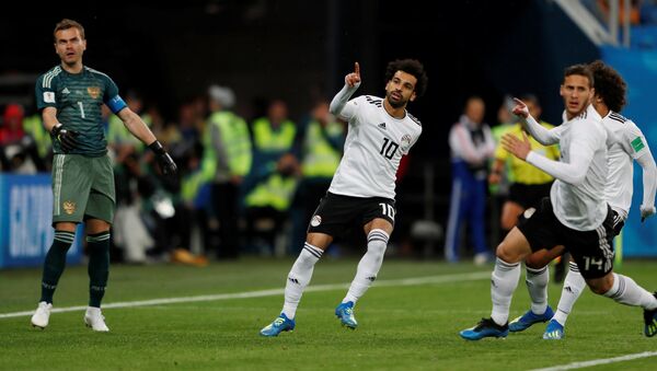 لاعب المنتخب المصري محمد صلاح يحتفل بالهدف الأول له في كأس العالم - سبوتنيك عربي