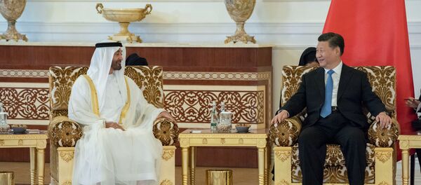 الرئيس الصيني شي جين بينغ خلال محادثاته مع ولي عهد أبوظبي الشيخ محمد بن زايد في قصر الرئاسة بالإمارات العربية المتحدة، 19 يوليو/تموز 2018 - سبوتنيك عربي