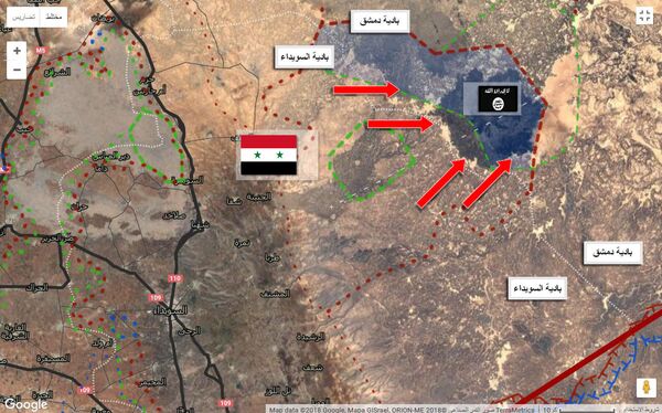 خارطة تقسيم نفوذ داعش والجيش السوري في بادية السويداء خارطة تقسيم نفوذ داعش والجيش السوري في بادية السويداء - سبوتنيك عربي