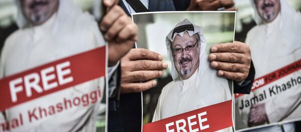 متظاهرون يجملون صور الصحفي المفقود جمال خاشقجي أمام السفارة السعودية في اسطنبول، تركيا 8 أكتوبر/ تشرين الأول 2018 - سبوتنيك عربي