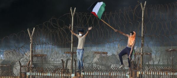 استمرار احتجاجت الفلسطينيين على السياج الحدودي بين قطاع غزة وإسرائيل، 8 أكتوبر/ تشرين الأول 2018 - سبوتنيك عربي