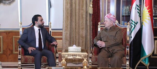 رئيس مجلس النواب العراقي، محمد الحلبوسي يلتقي زعيم الحزب الديمقراطي الكردستاني، مسعود بارزاني، في أربيل العراق، 15 ديسمبر/كانون الأول 2018 - سبوتنيك عربي