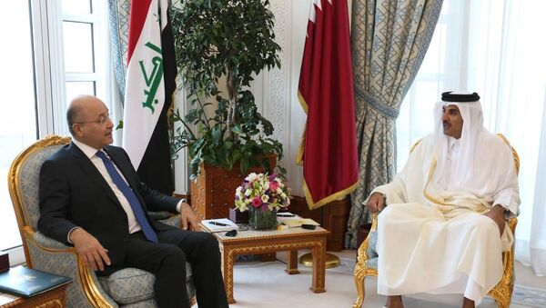 أمير قطر الشيخ تميم بن حمد آل ثاني خلال استقباله الرئيس العراقي برهم صالح في العاصمة الدوحة - سبوتنيك عربي